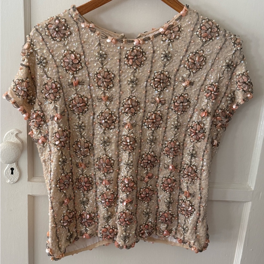 Vintage Beaded Embellished Cream Short Sleeve Top